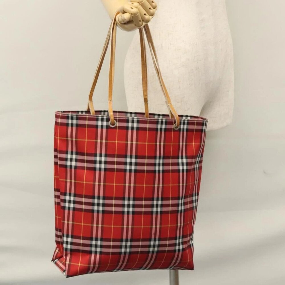 BURBERRY Nova Check Tote Bag Nylon Red Silver Auth